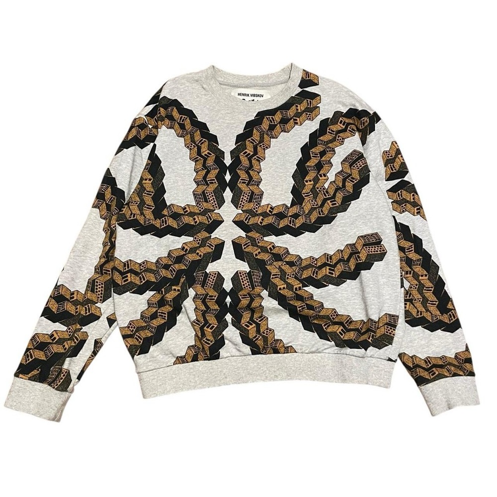 Men’s Henrik Vibskov Gray Crewneck Sweater with Black & Gold Print - Picture 2 of 7
